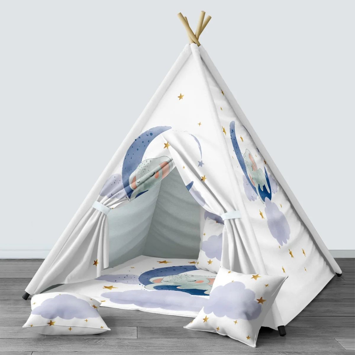 Uyuyan Fil ve Ay Çadır Evi | Beyaz yıldızlar, bulutlar Desenli