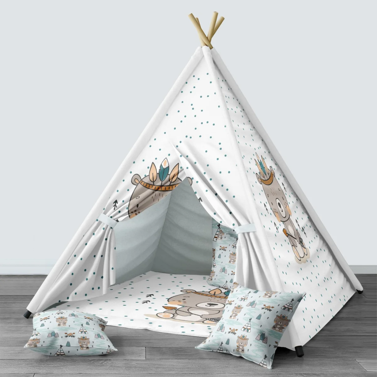 Kızılderili Temalı Ayı Çadır Evi | Beyaz mavi noktalar, siyah ok/ağaç figürleri Desenli