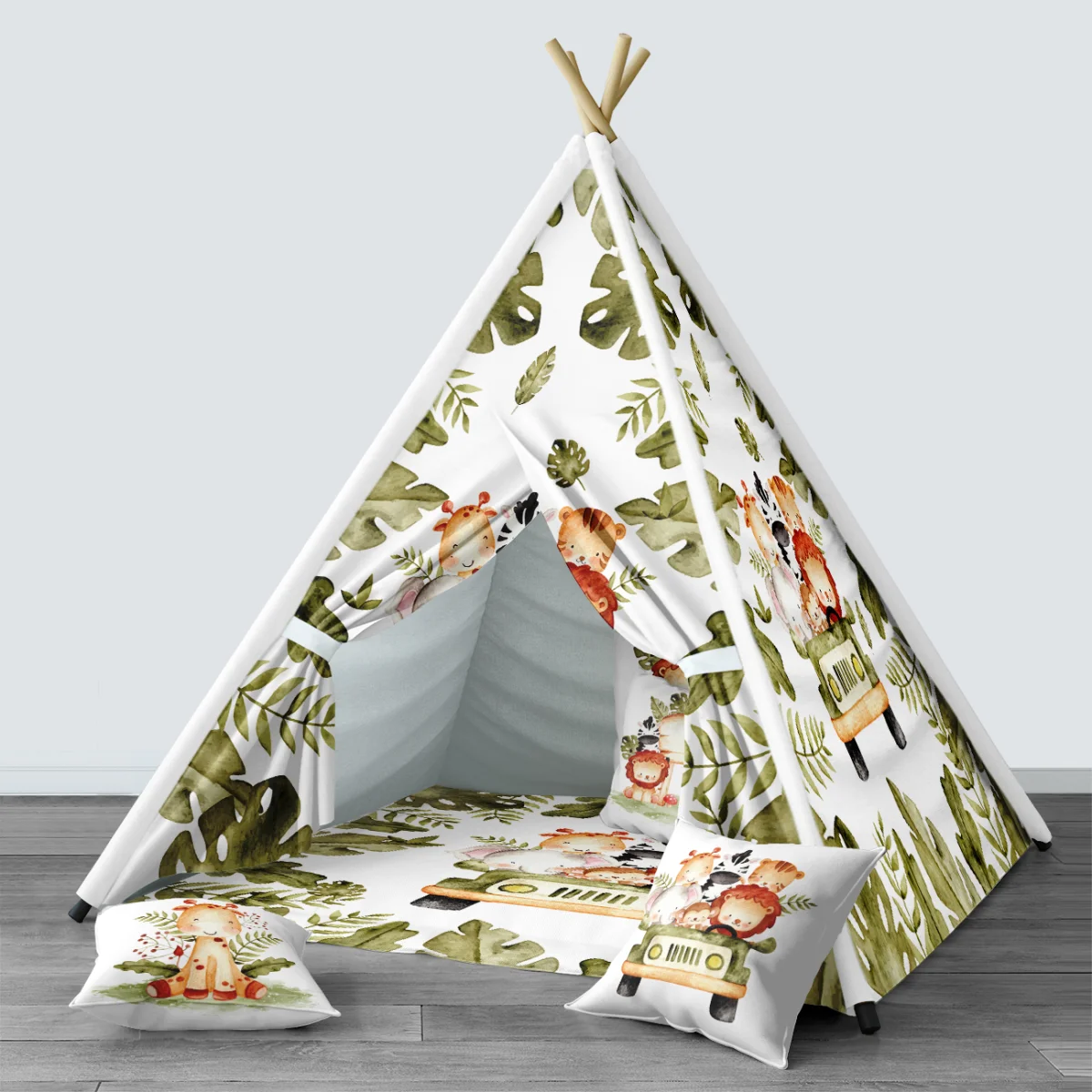 Orman Hayvanları Çadır Evi | Beyaz yeşil yapraklar, safari cipi Desenli