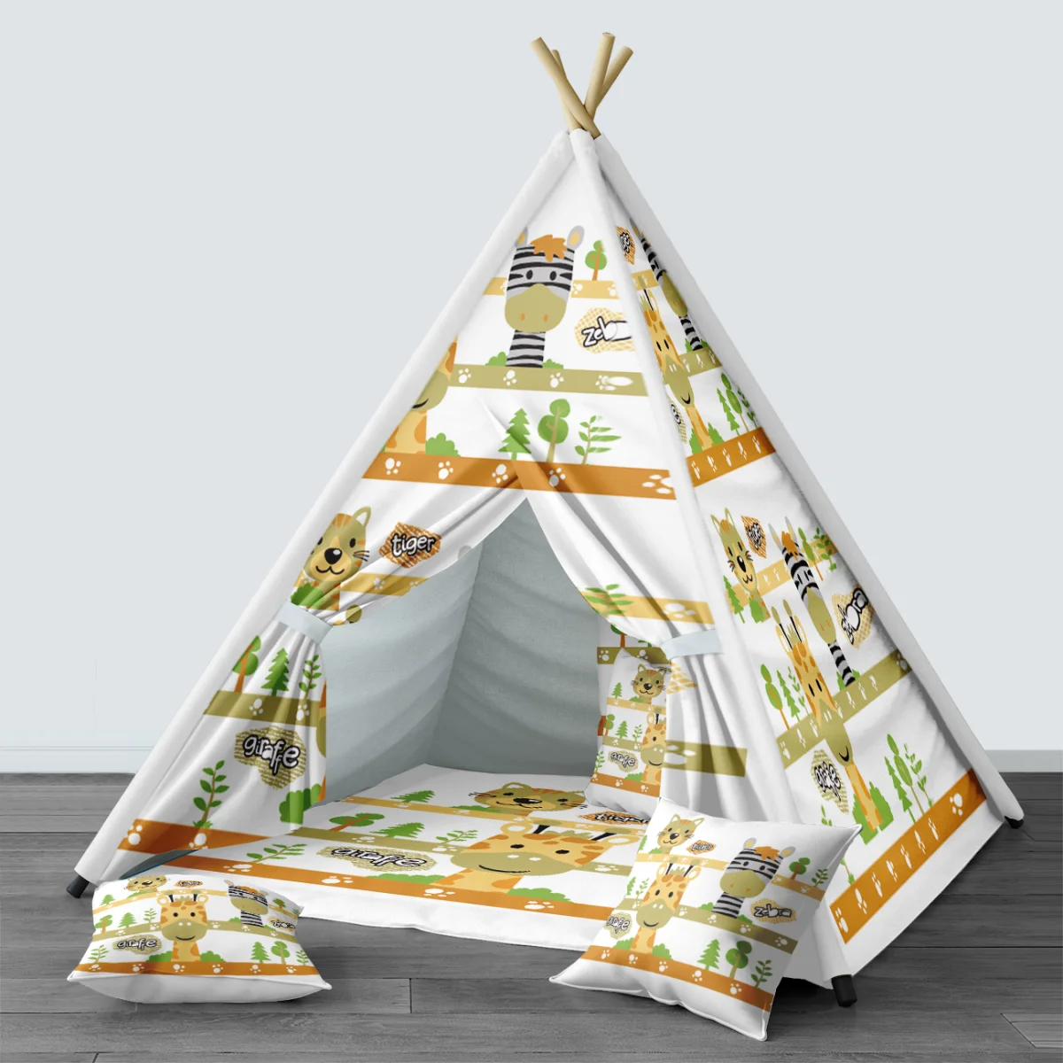 Orman Hayvanları Çadır Evi | Beyaz ağaçlar, patiler Desenli