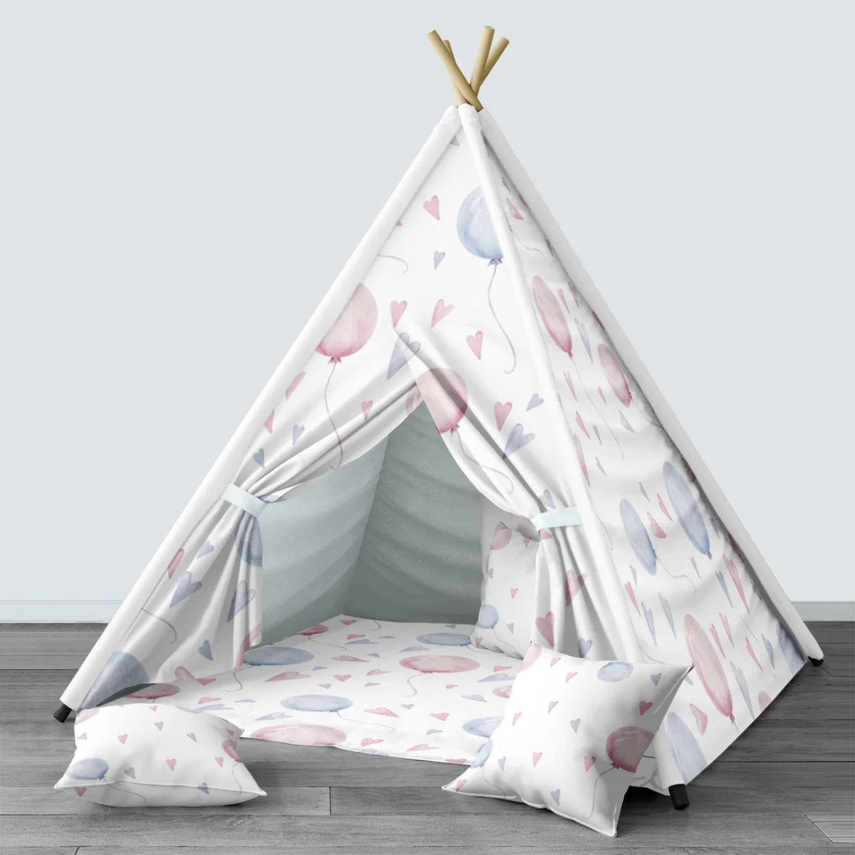 Balonlar ve Kalpler Çadır Evi | Beyaz Pembe ve mavi balonlar, pembe ve mavi kalpler Desenli