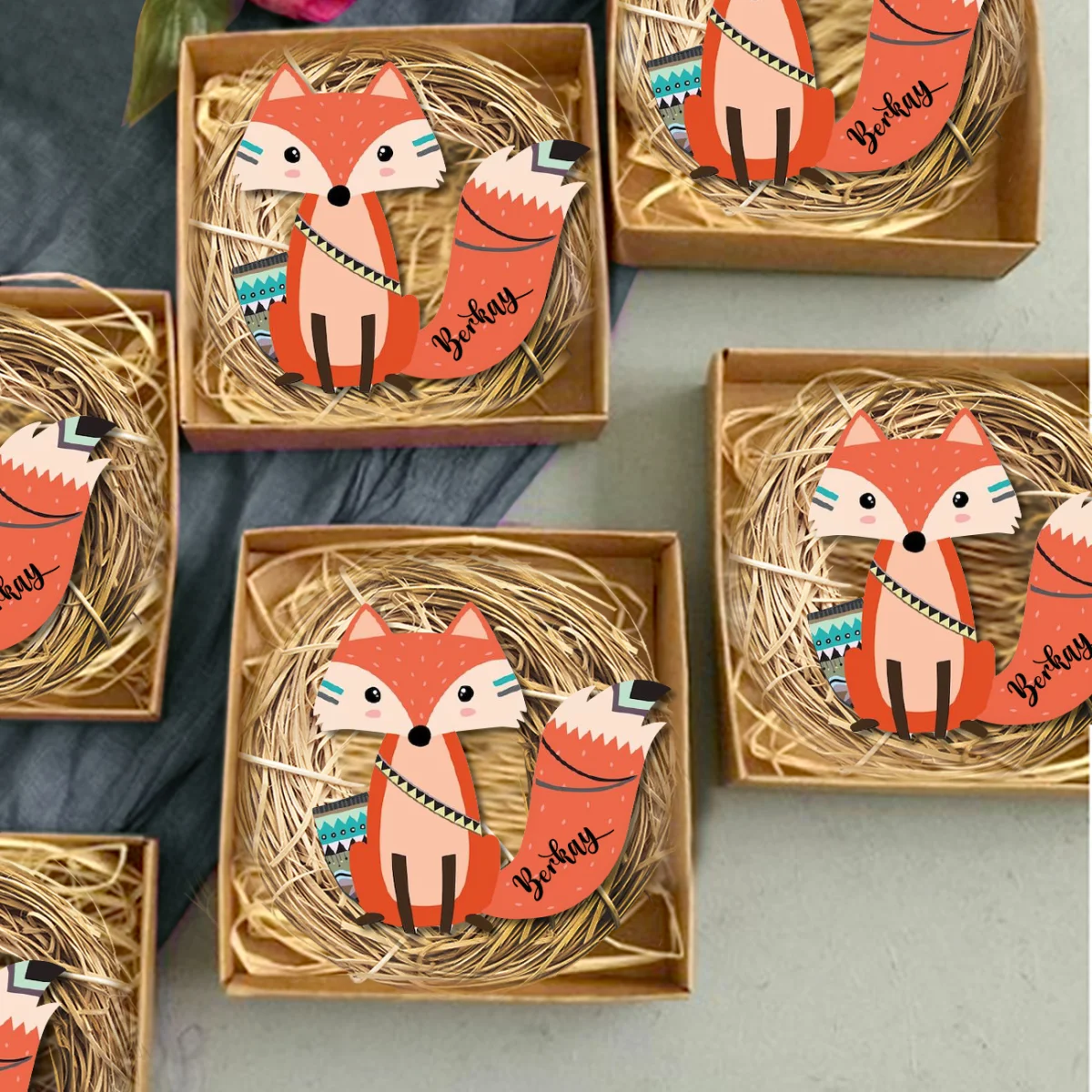 Tilki Bebek Magneti | Turuncu Etnik ve geometrik desenler, ok detayları Desenli