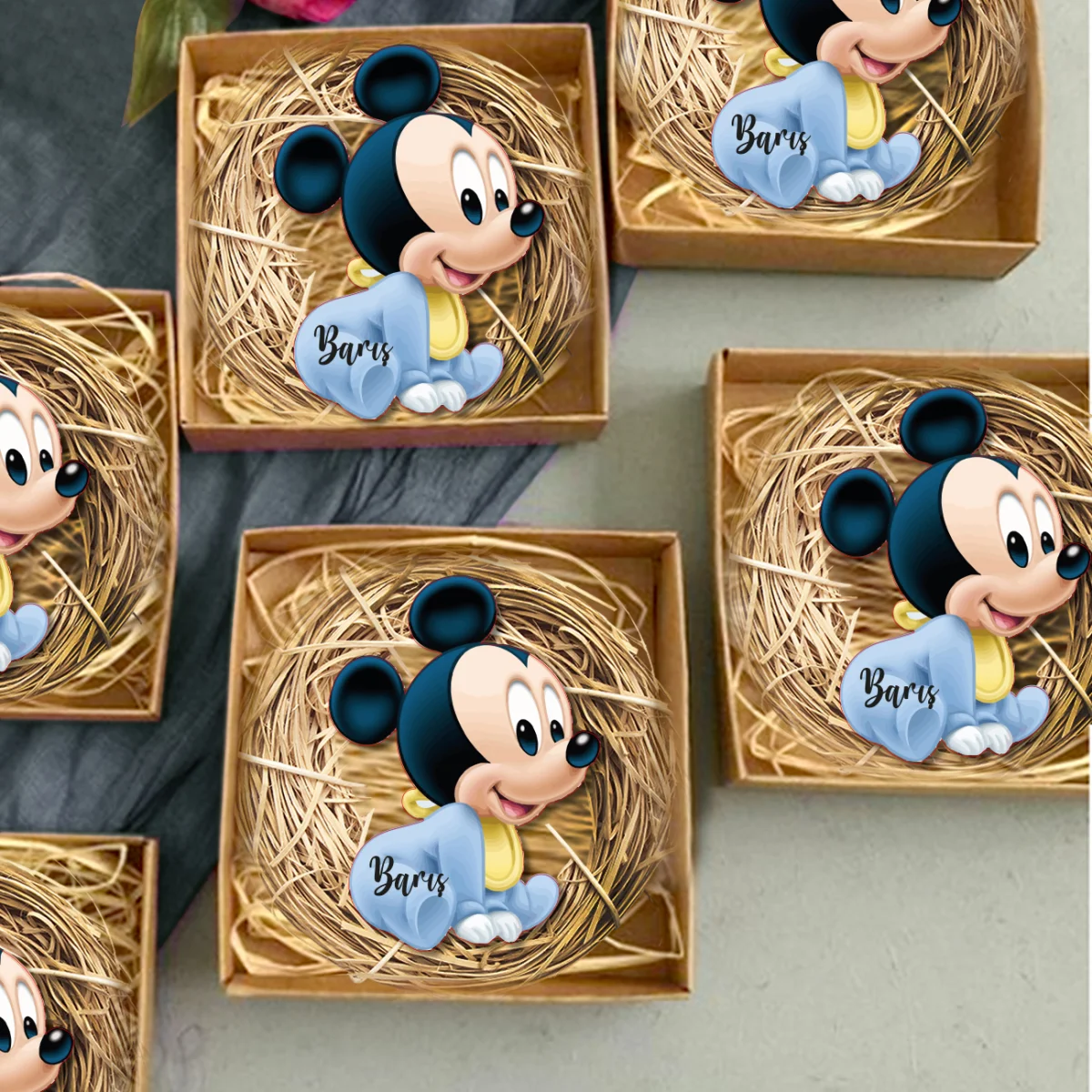 Mickey Mouse, bebek Bebek Magneti | Mavi hasır, kuş yuvası Desenli