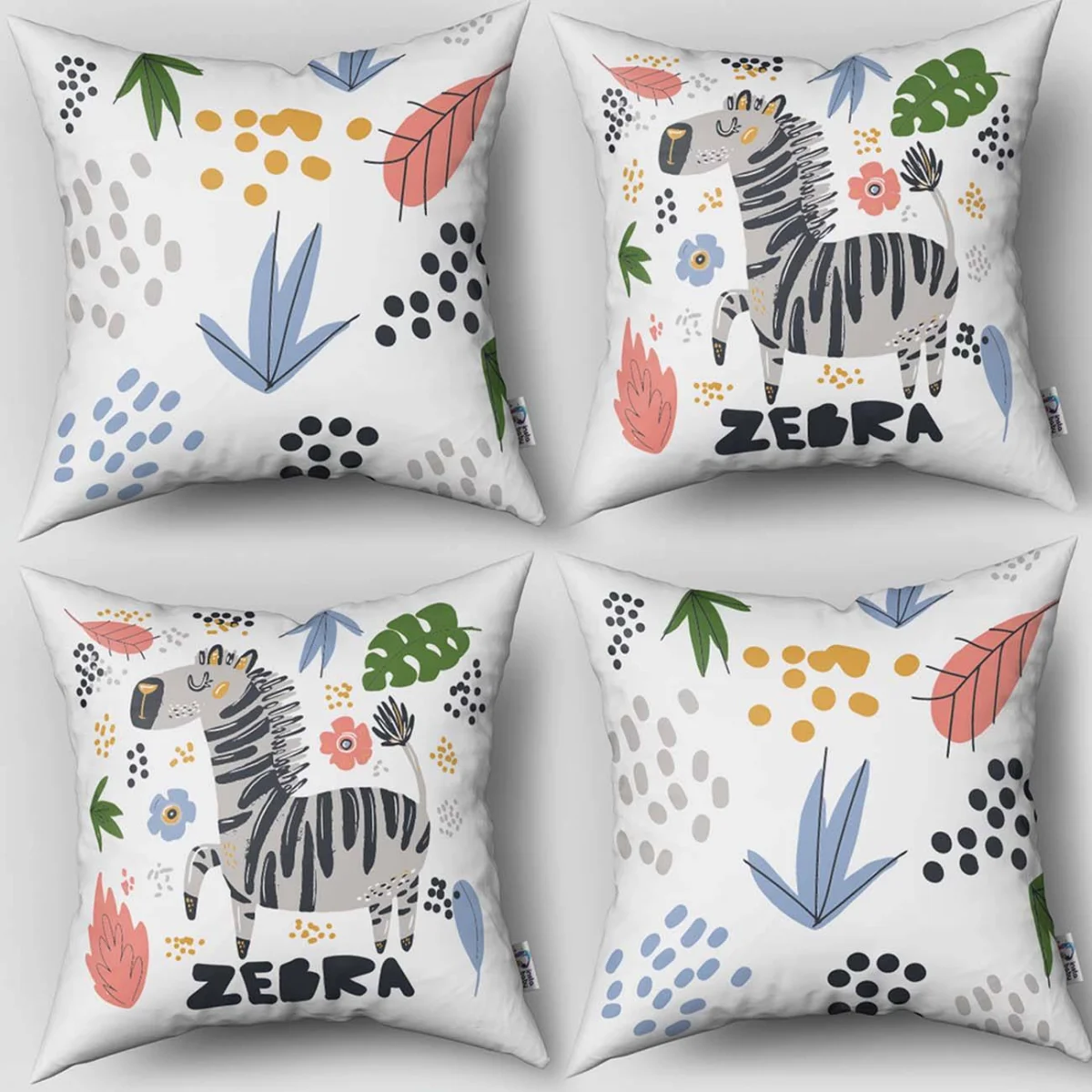 Zebra 4lü Kırlent | Beyaz noktalar, yapraklar Desenli