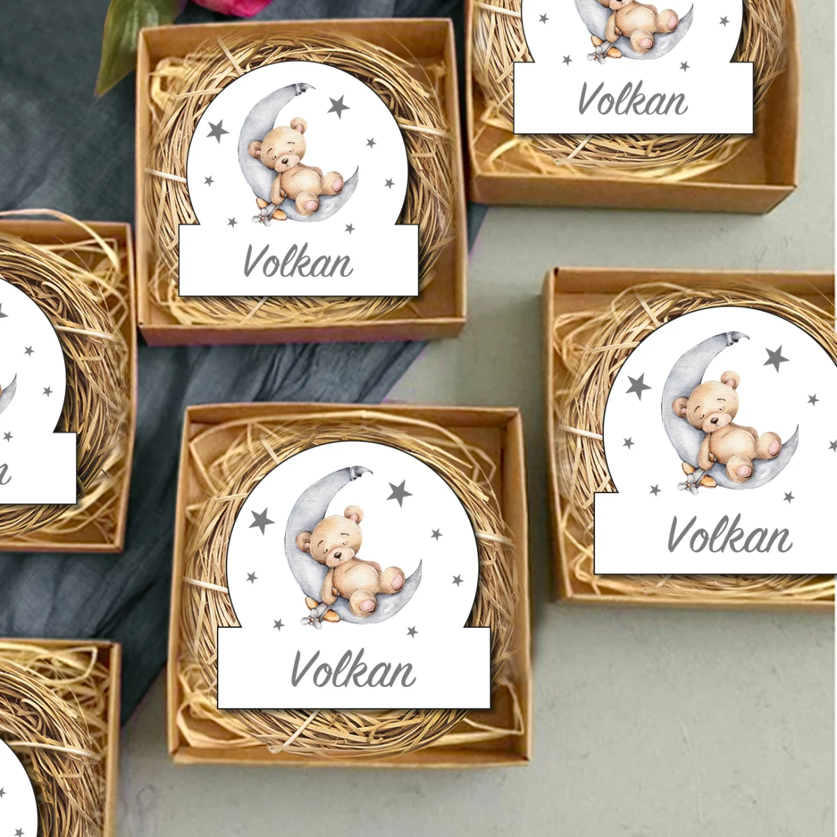 Ayıcık ve Ay Bebek Magneti | Beyaz Yıldızlar ve oyuncak Desenli