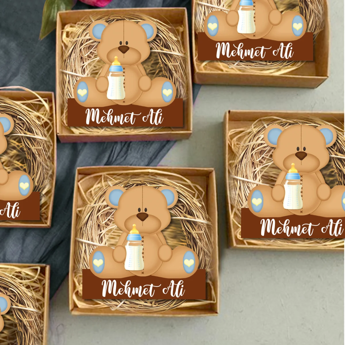 Ayıcık Bebek Magneti | Mavi Kalp, biberon Desenli