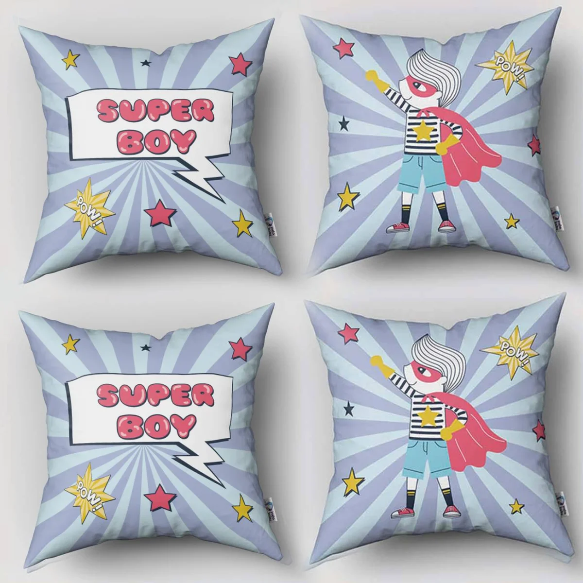 Süper Kahraman 4lü Kırlent | Mavi yıldızlar, şimşek Desenli