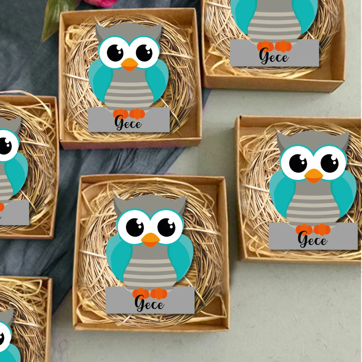 Baykuş Bebek Magneti | Gri Çizgili karın, isim etiketi Desenli