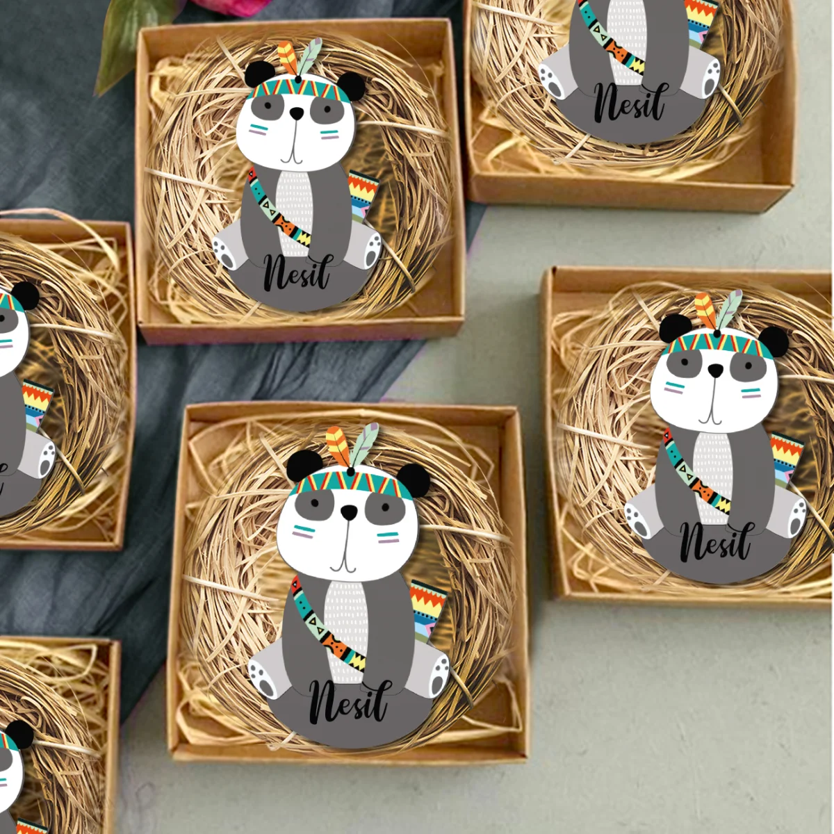 Panda Bebek Magneti | Beyaz tüyler, renkli etnik desenler Desenli