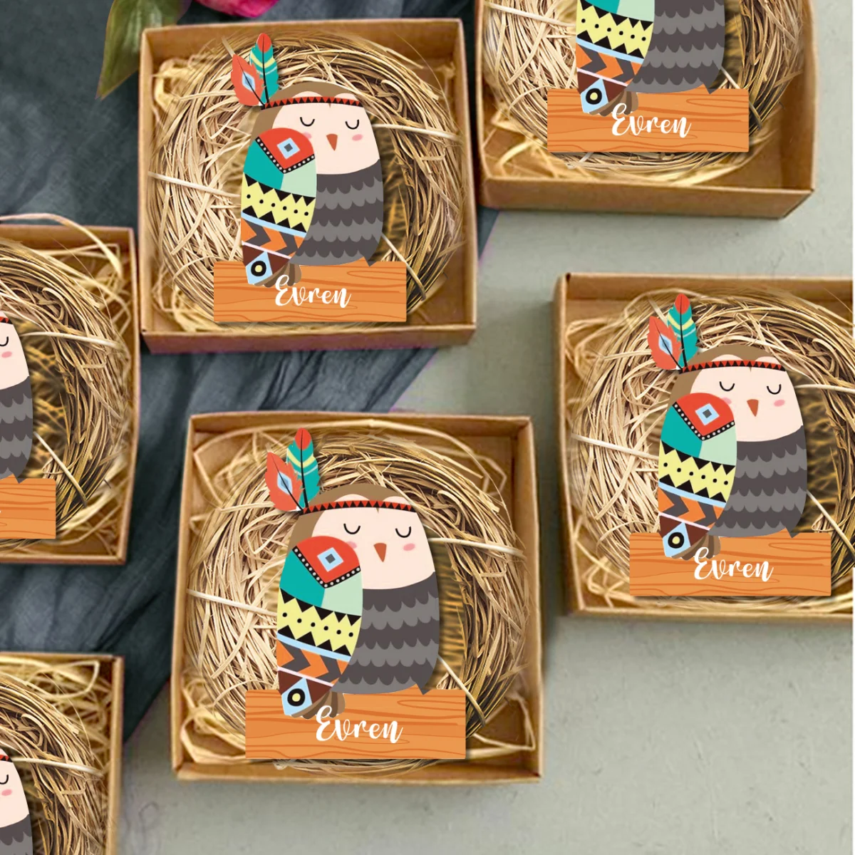 Baykuşlar Bebek Magneti | Kahverengi Kabile desenleri, tüyler Desenli