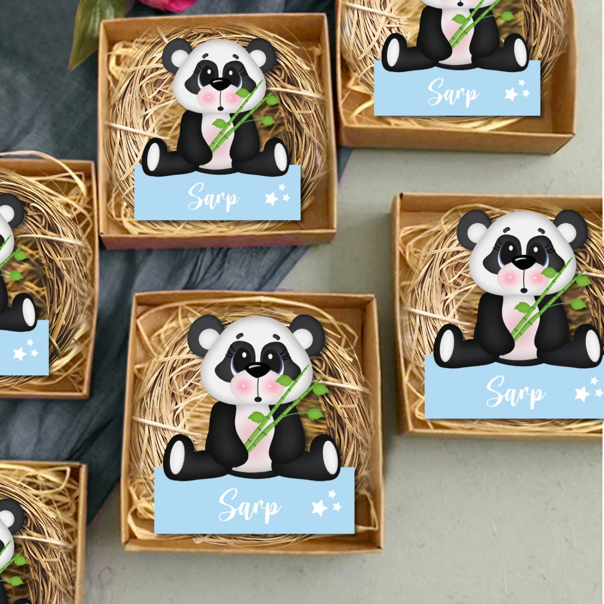 Panda Bebek Magneti | Açık Mavi yıldızlar, bambu Desenli