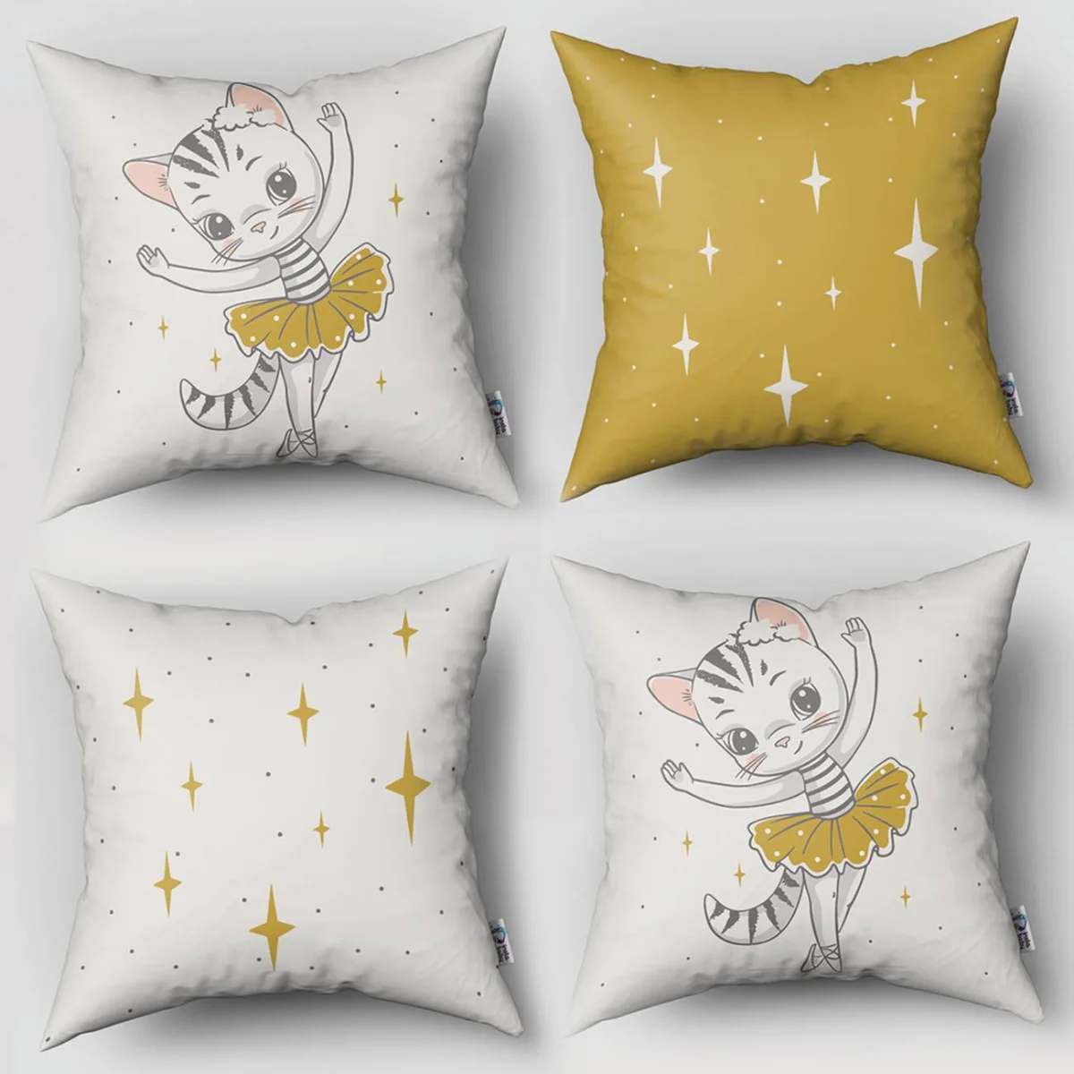 Balet Kedi 4lü Kırlent | Beyaz yıldızlar, puantiye Desenli