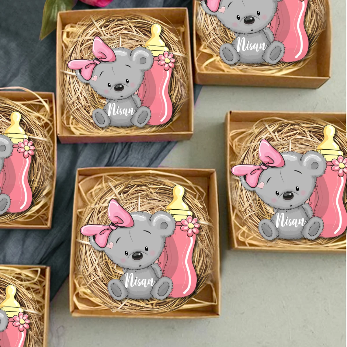 Bebek Ayıcık Bebek Magneti | Pembe Pembe fiyonk, biberon Desenli