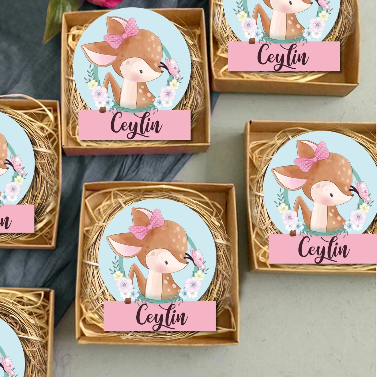 Orman Hayvanları Bebek Magneti | Açık Mavi kelebek, çiçekler Desenli