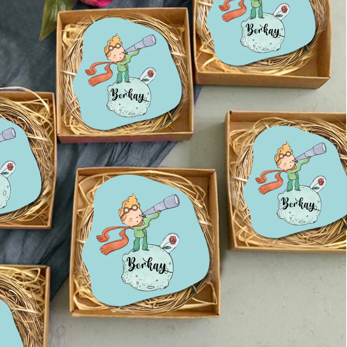 Küçük Prens Bebek Magneti | Açık Mavi Teleskop, gezegen Desenli