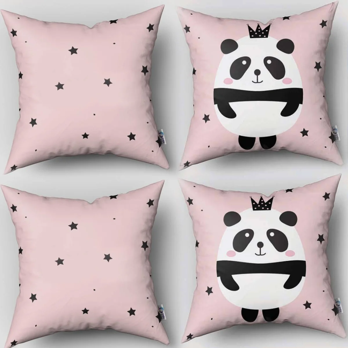Panda 4lü Kırlent | Pembe yıldızlar, taç Desenli
