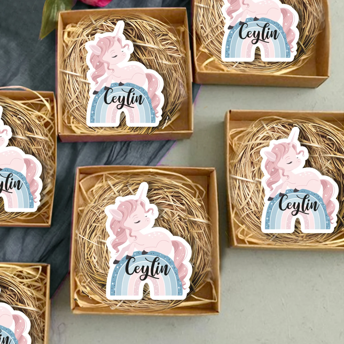 Unicorn Bebek Magneti | Pembe gökkuşağı, yıldız Desenli