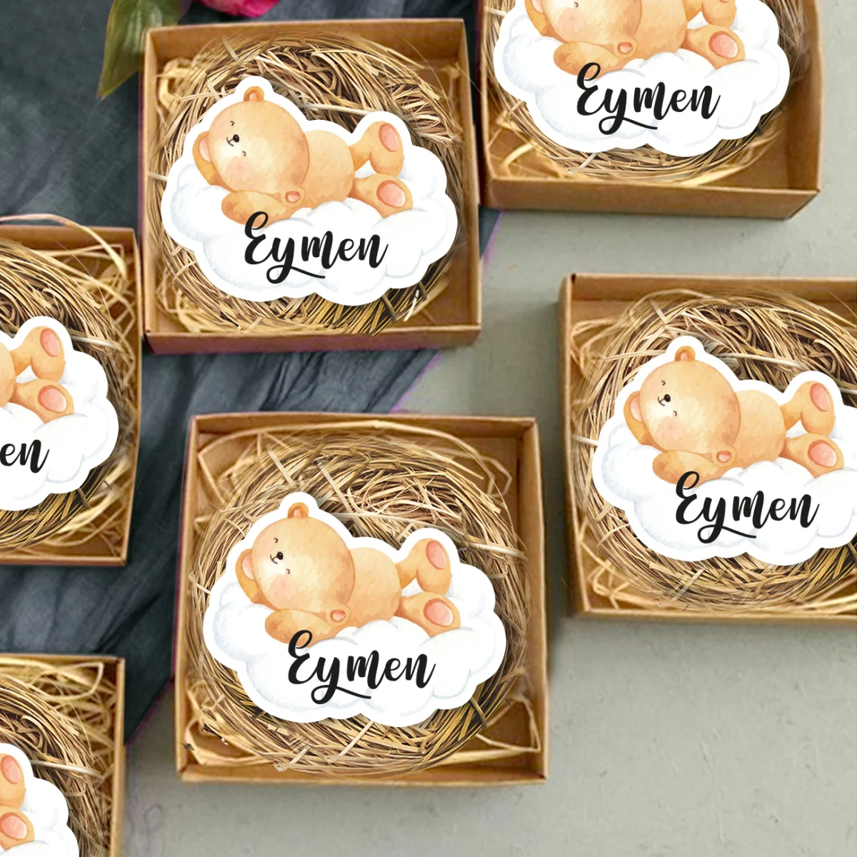 Ayıcık Bebek Magneti | Beyaz Bulut Desenli