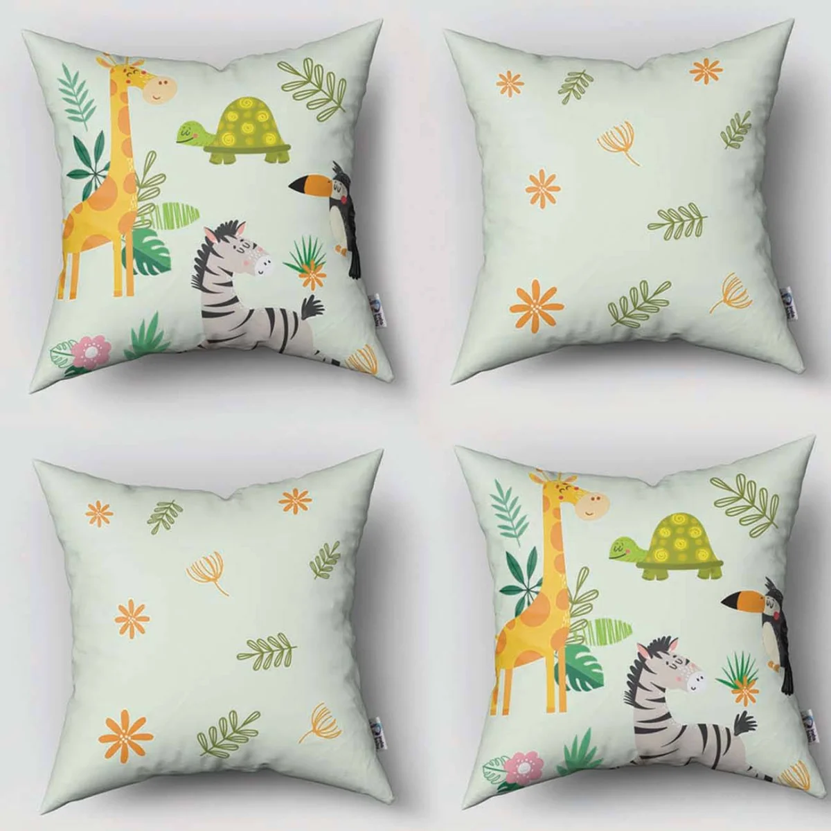 Zürafa, Orman Hayvanları 4lü Kırlent | Açık Yeşil tropikal yapraklar, çiçekler Desenli