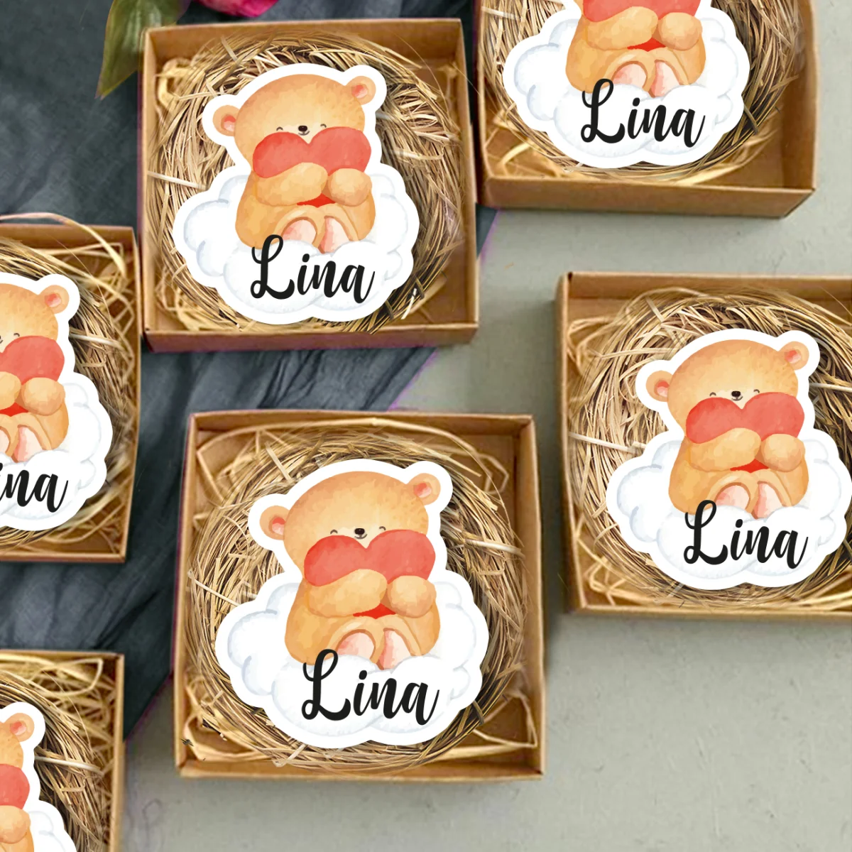 Ayıcık Bebek Magneti | Beyaz kalp, bulut Desenli