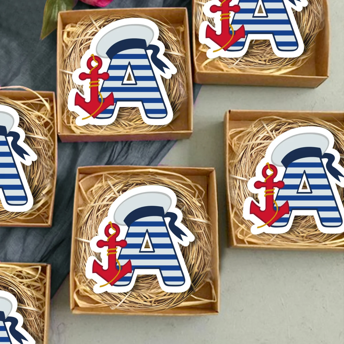 Denizci Bebek Magneti | Mavi, Beyaz çizgili, çapa Desenli