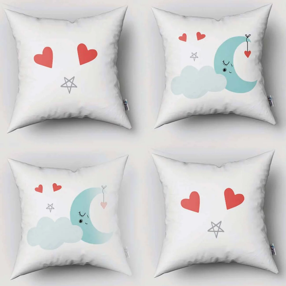 Ay ve Kalpler 4lü Kırlent | Beyaz uyuyan ay, bulut Desenli