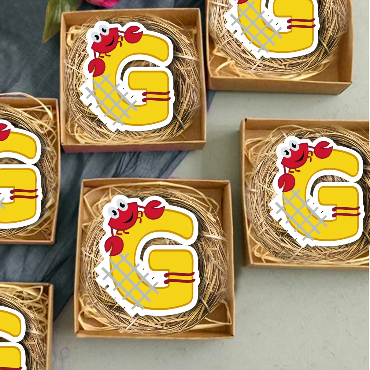 Yengeç Bebek Magneti | Sarı balık ağı, kuş yuvası Desenli