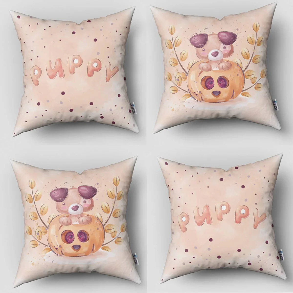 Köpek Yavrusu 4lü Kırlent | Şeftali balkabağı, sonbahar dalları Desenli