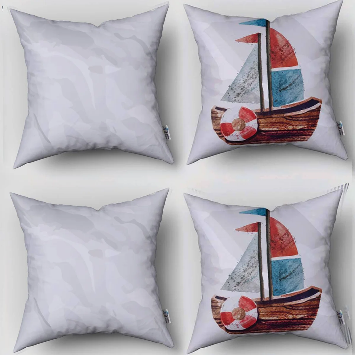 Yelkenli Tekne 4lü Kırlent | Beyaz cankurtaran simidi, kırmızı Desenli