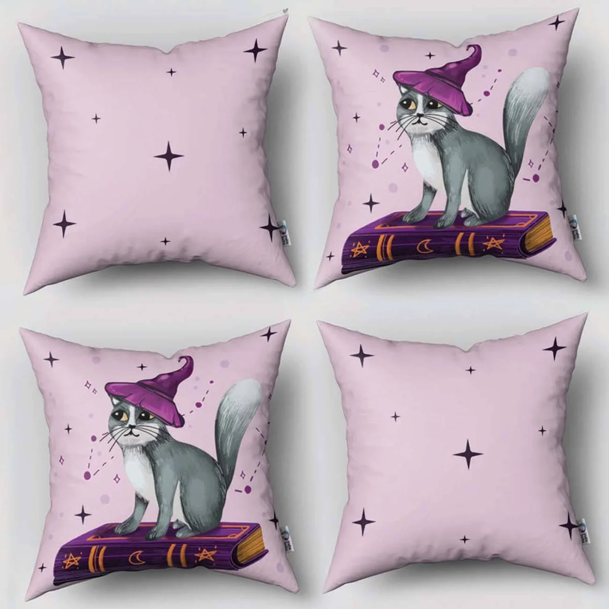 Sihirli Kedi 4lü Kırlent | Açık Mor Yıldızlar, ay Desenli