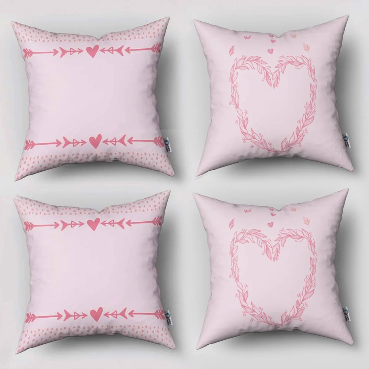 Kalp 4lü Kırlent | Pembe yapraklı dallar, minik kalpler Desenli