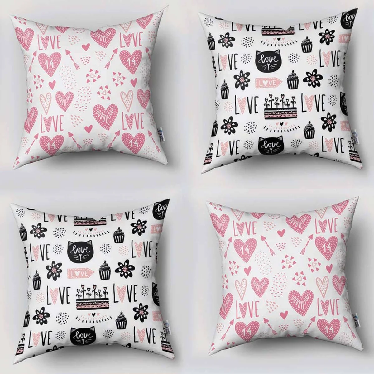 Balerin kız ve kedi 4lü Kırlent | Pembe kalpler, fiyonklar Desenli