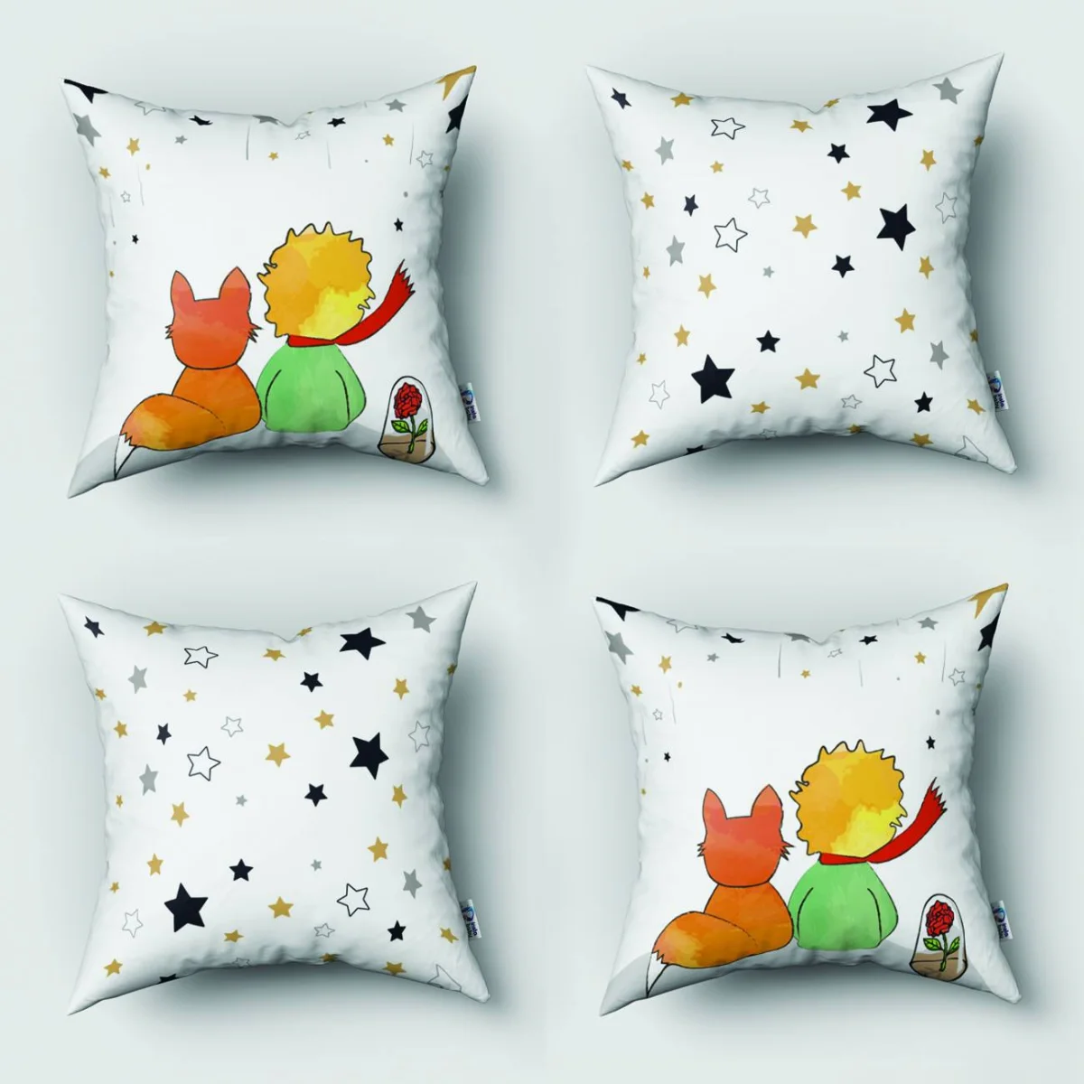 Küçük Prens, Tilki, Gül 4lü Kırlent | Beyaz yıldızlar, gri Desenli