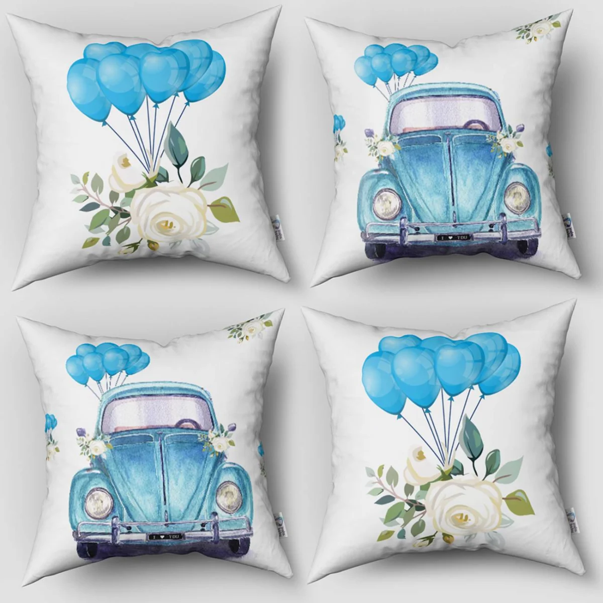 Araba 4lü Kırlent | Beyaz mavi balonlar, beyaz çiçekler Desenli