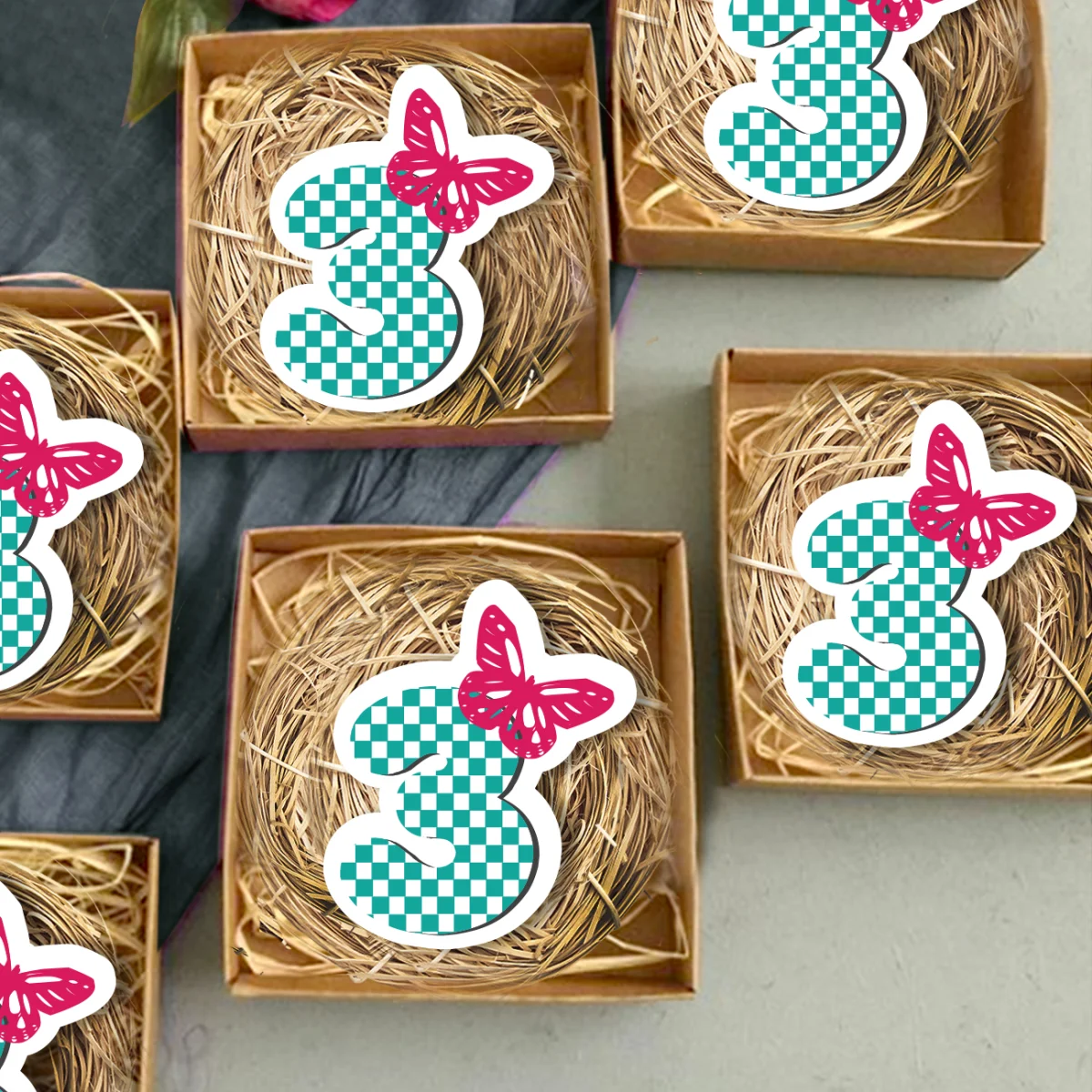 Kelebek ve Sayı 3 Bebek Magneti | Turkuaz, Pembe Damalı desenli sayı, kontürlü kelebek Desenli