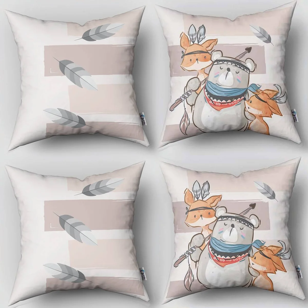 Orman Hayvanları 4lü Kırlent | Beyaz tüyler, ok Desenli