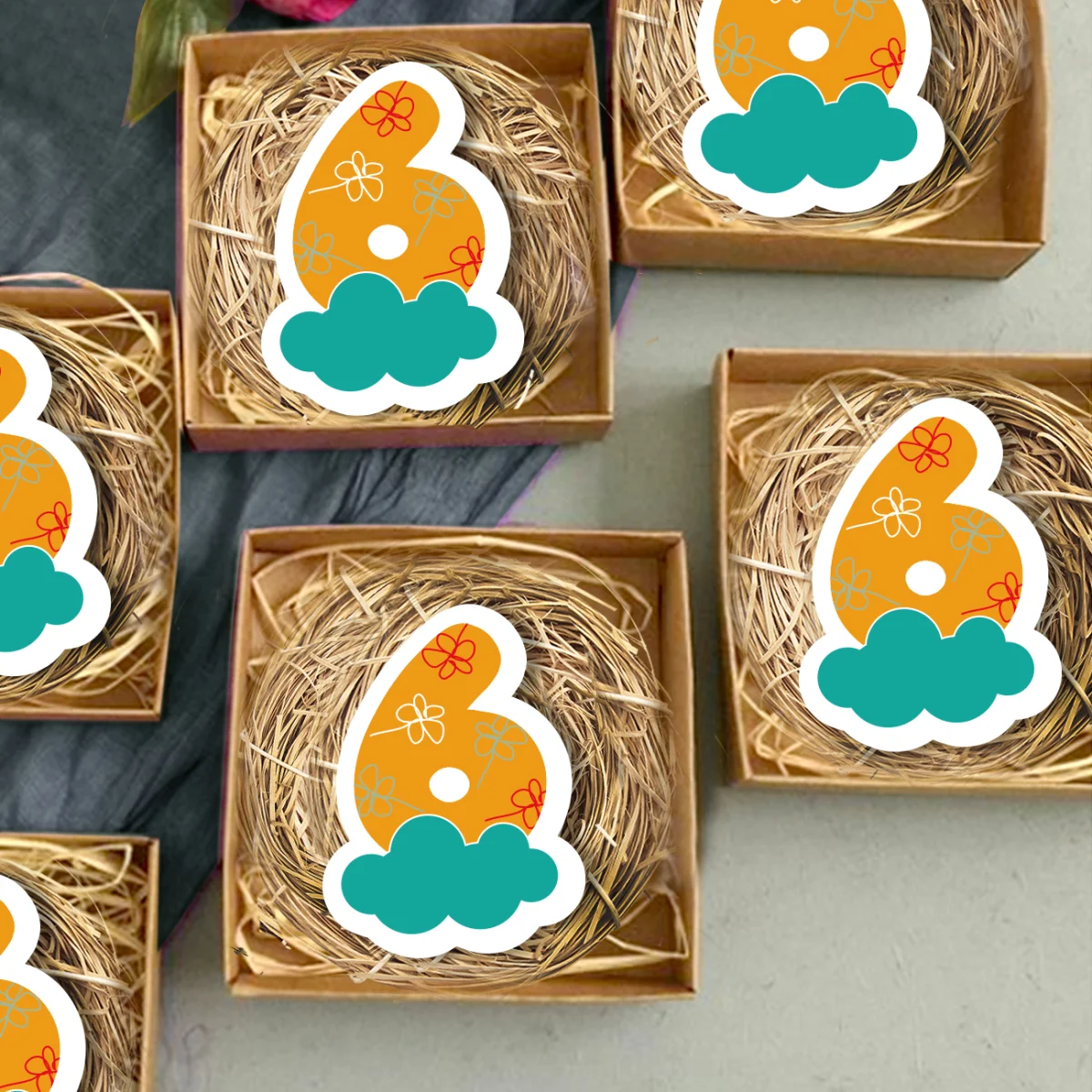 Sayı temalı Bebek Magneti | Turuncu Çiçekler, bulut Desenli