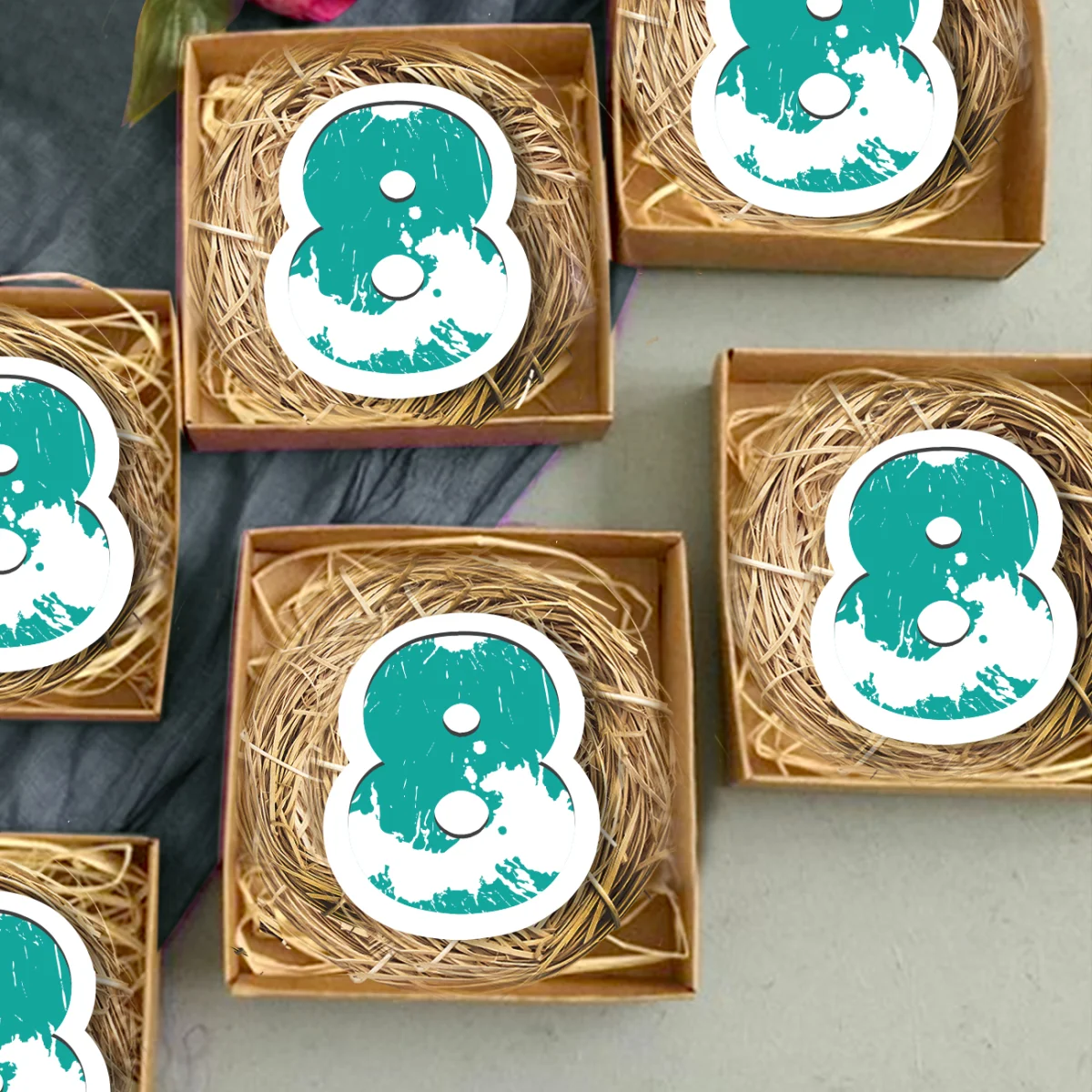 Özel Sayı Bebek Magneti | Turkuaz eskitme doku, saman yuva Desenli