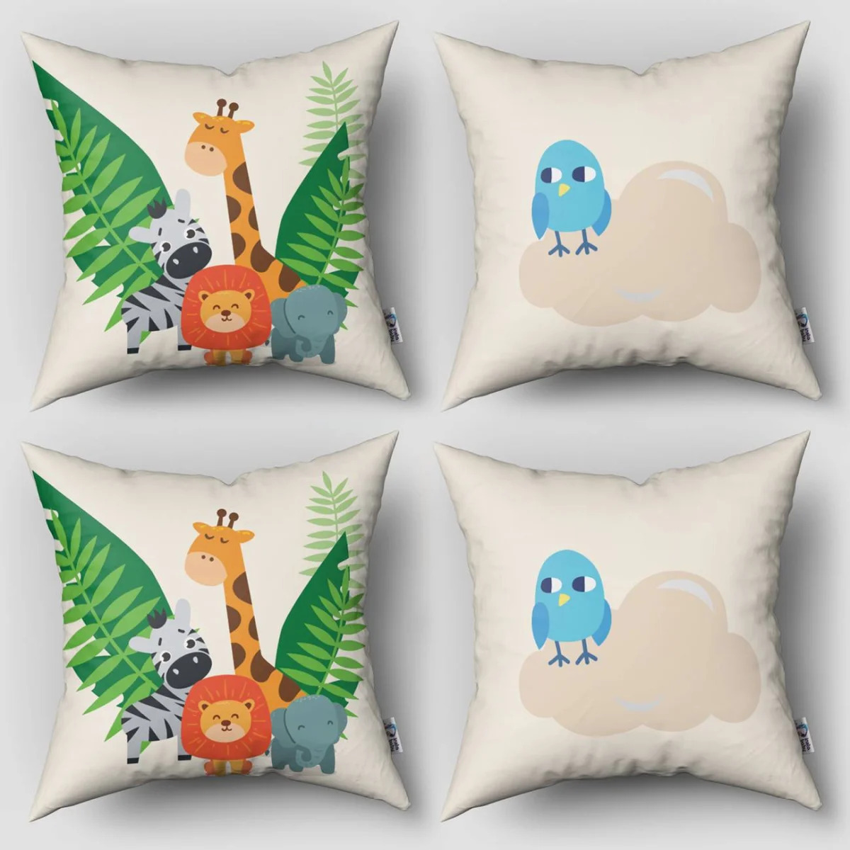 Orman Hayvanları 4lü Kırlent | Beyaz Yapraklar, kuşlar Desenli