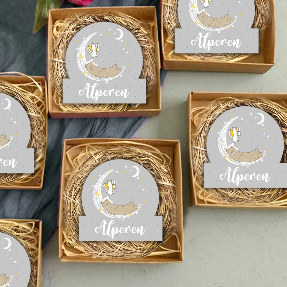 Ayıcık ve Ay Bebek Magneti | Gri yıldızlar, ay Desenli