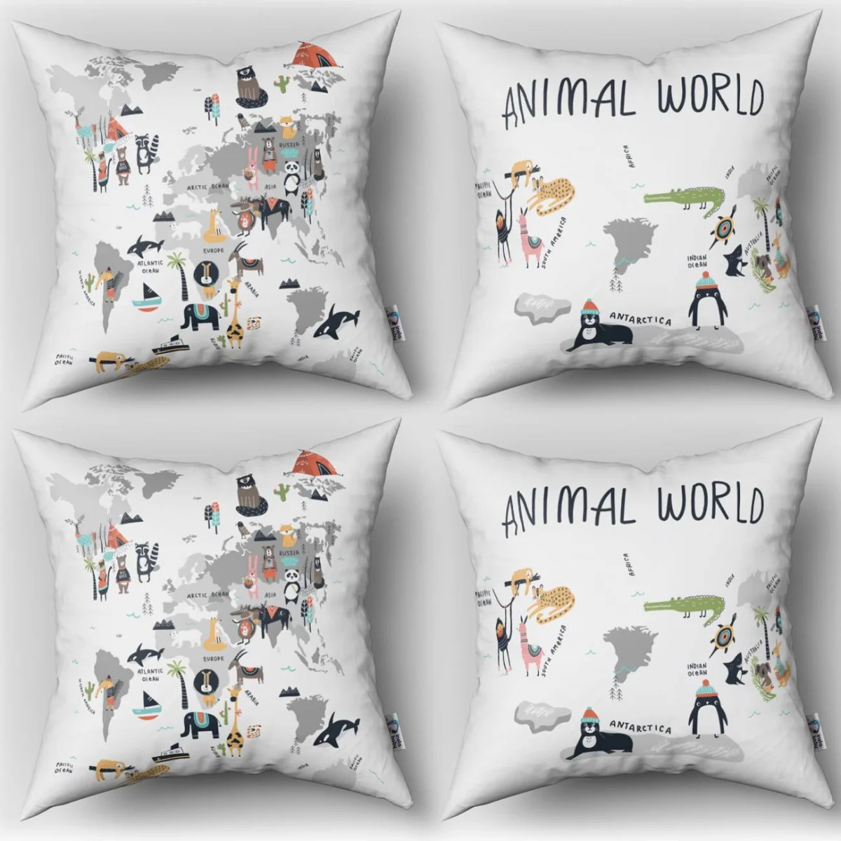 Dünya Haritası ve Hayvanlar 4lü Kırlent | Beyaz kıtalar, okyanuslar Desenli