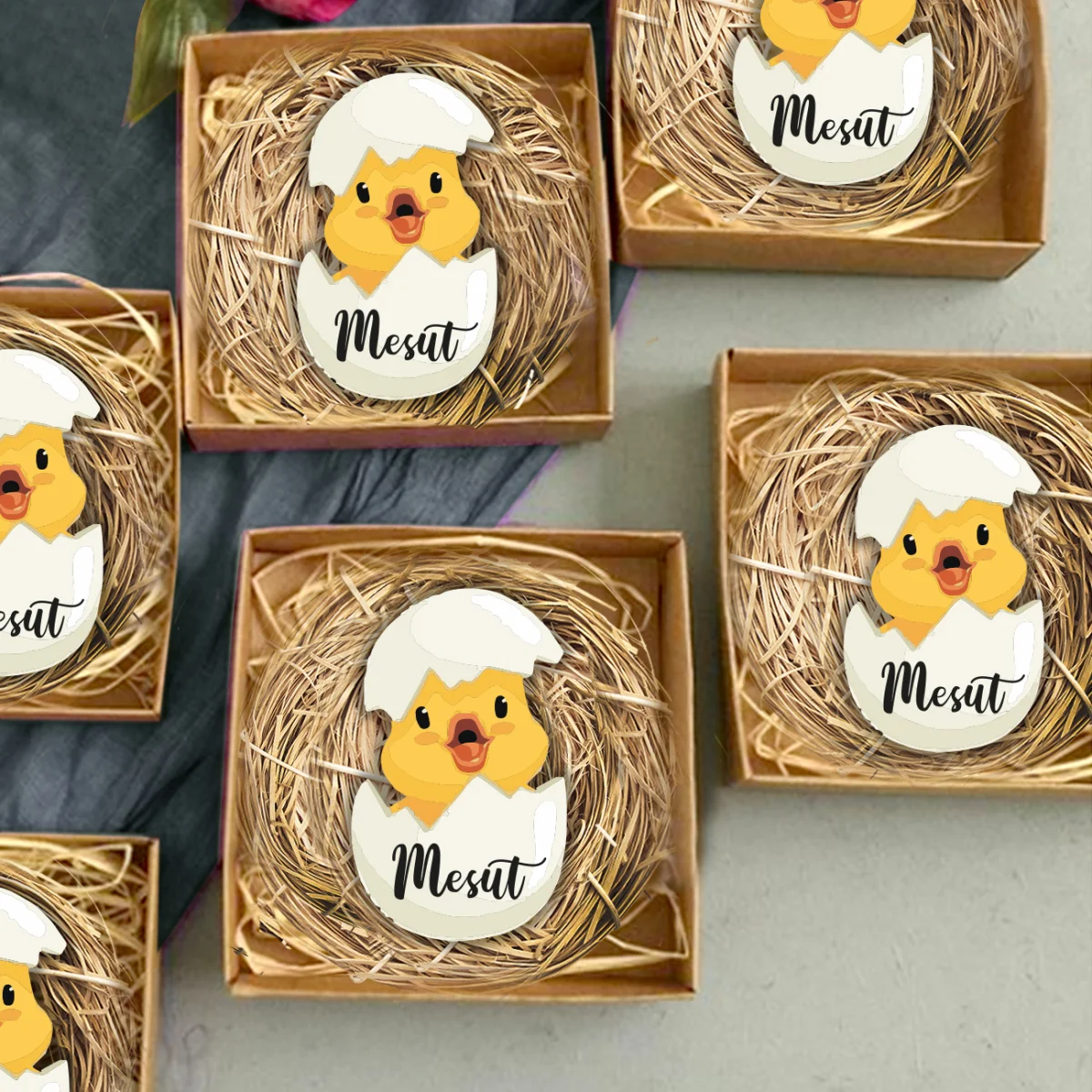 Civciv Bebek Magneti | Sarı Kırık yumurta, saman yuva Desenli