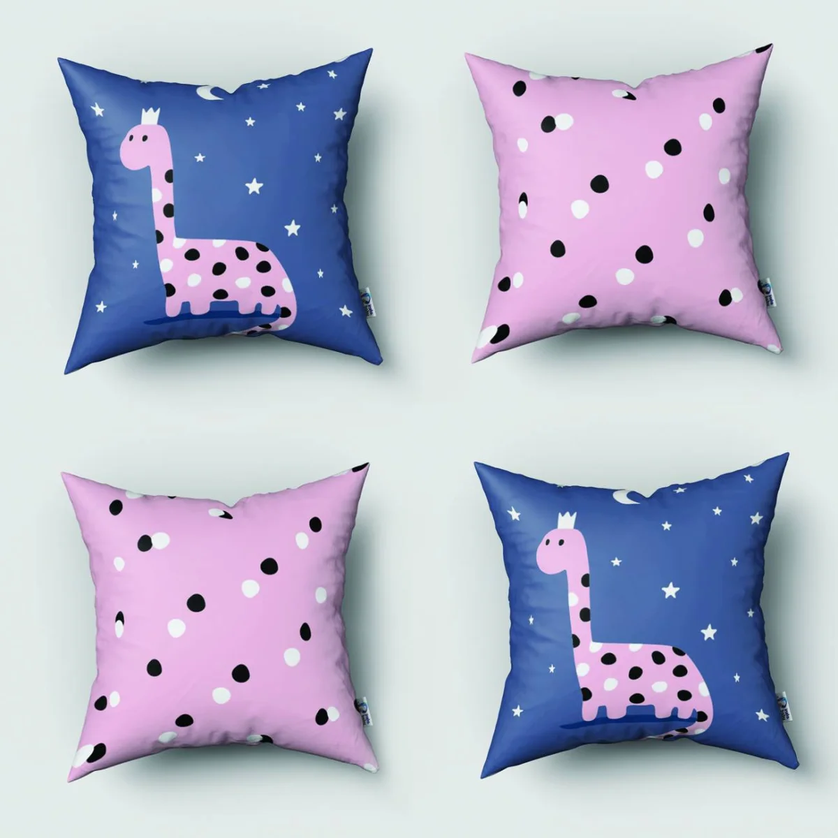 Taçlı Dinozor 4lü Kırlent | Mavi ay, yıldız Desenli