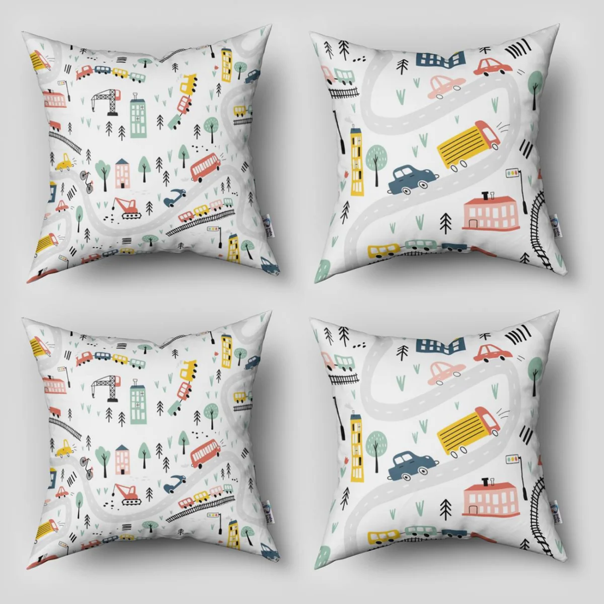 Şehir ve Araçlar 4lü Kırlent | Beyaz Yollar, binalar Desenli