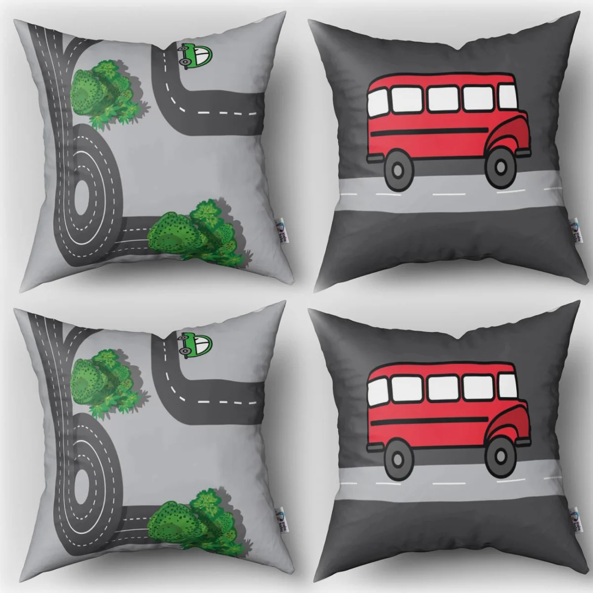 Yollar ve Arabalar 4lü Kırlent | Gri arabalar, ağaçlar Desenli