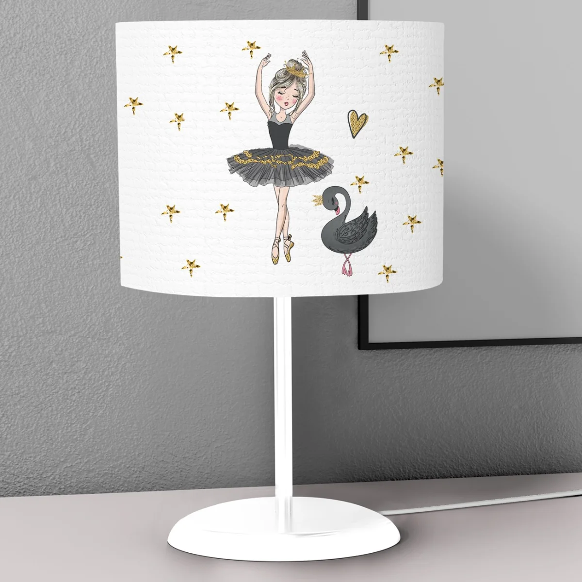 Balerin ve Kuğu Abajur | Beyaz Altın yıldızlar, kalpler Desenli