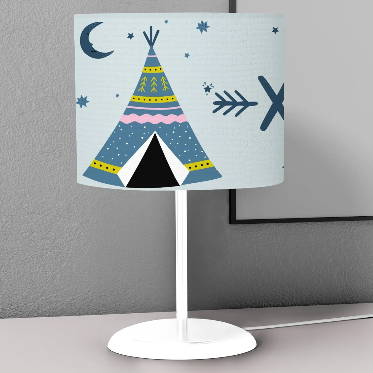 Çadır (Teepee) Abajur | Mavi Ay, yıldızlar Desenli