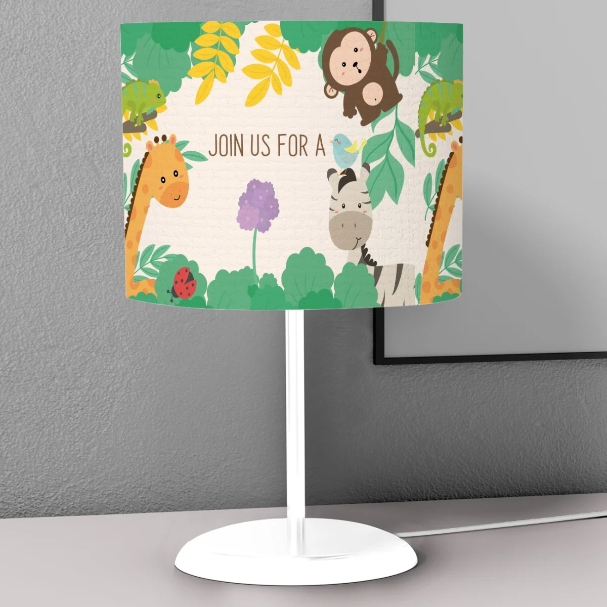 Orman Hayvanları Abajur | Krem Yapraklar, çiçekler Desenli