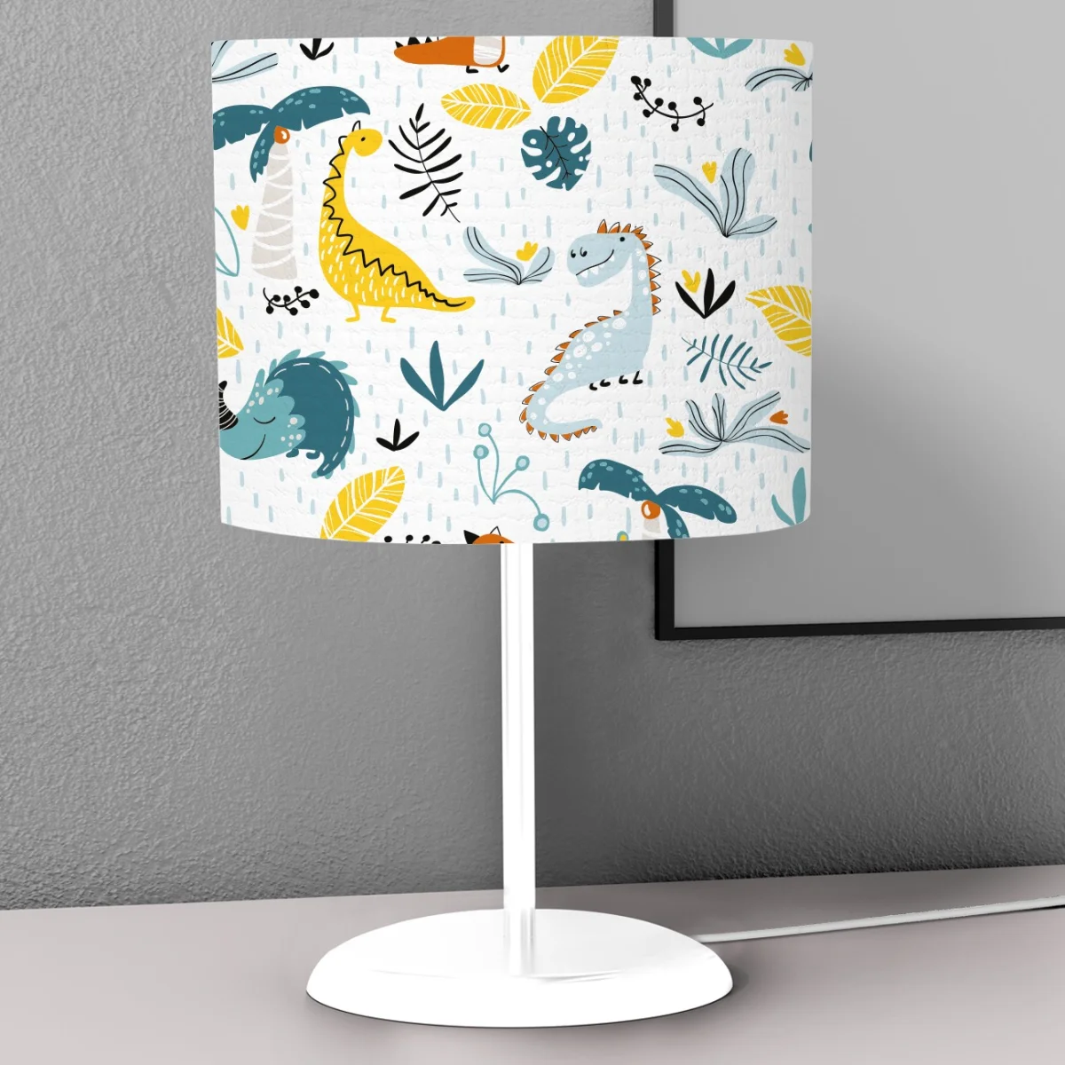 Dinozorlar Abajur | Açık Mavi Bulutlar, palmiye ağaçları ve yapraklar Desenli