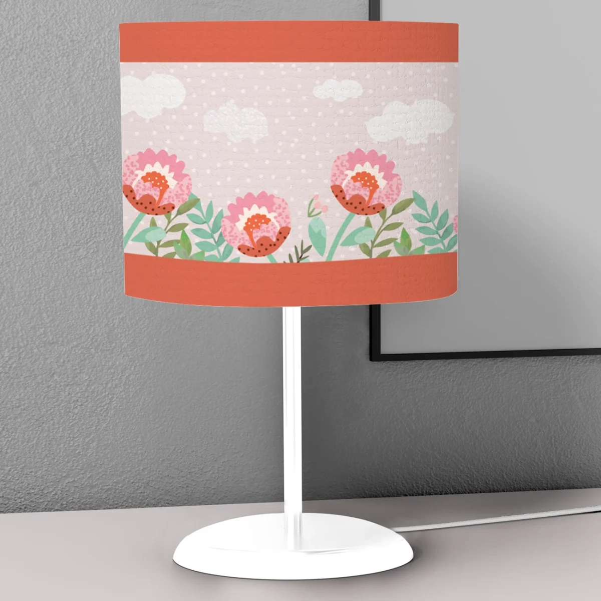 Çiçekli Bahçe Abajur | Pembe beyaz bulutlar, puantiye Desenli